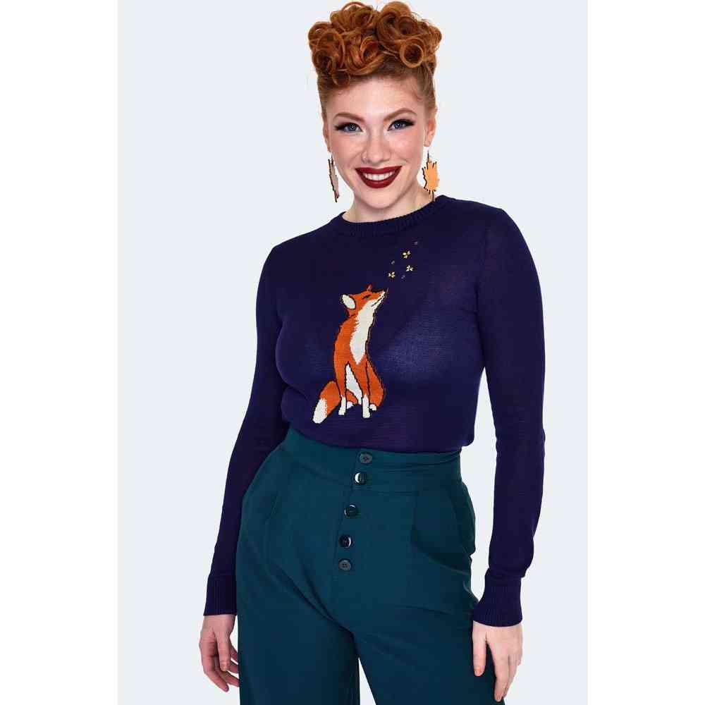 Voodoo Vixen - Fox Embroidered Knitted Chandail - Bleu